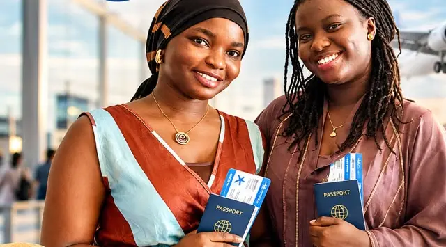 Deux clientes de Globe Voyage Groupe avec leur passeport et leur billet